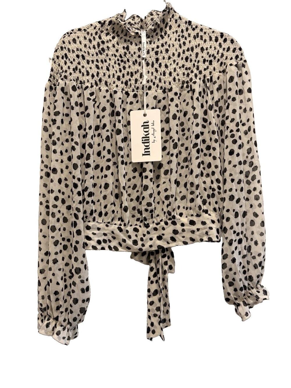 Indikah Animal Polka Dot Smocked High Neck Tie Back Puff Long Sleeve Blouse L